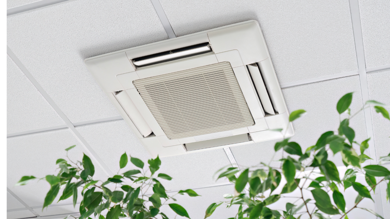 Ceiling-mounted air conditioning unit in a white office ceiling with a plant in the foreground.