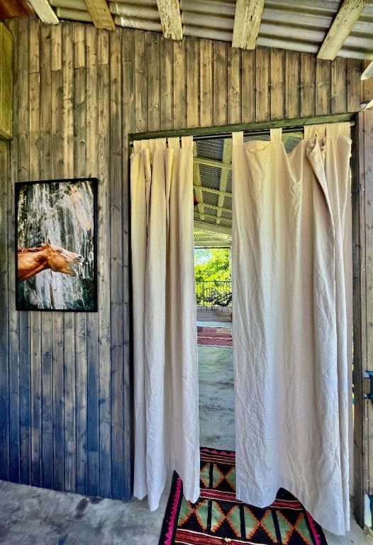 There is a picture of a horse on the wall above the curtains.