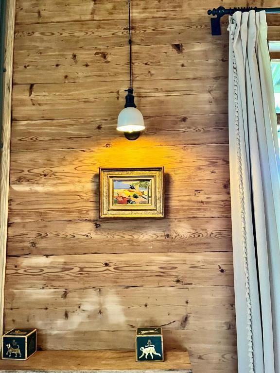A wooden wall with a picture on it and a lamp hanging from it.