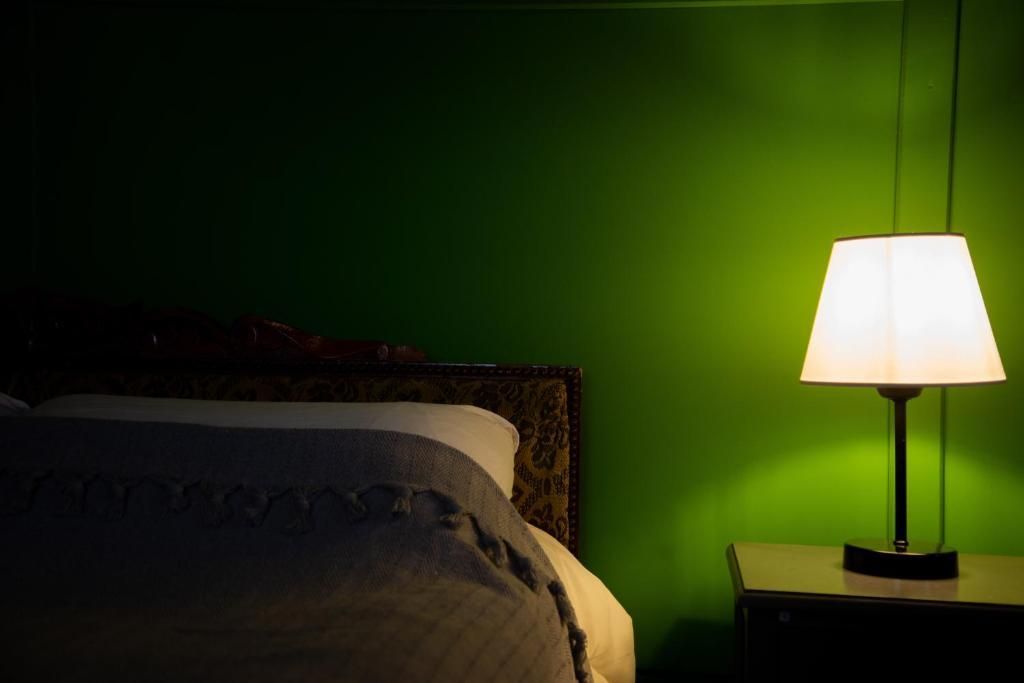 A bedroom with a bed , nightstand , lamp and green walls.