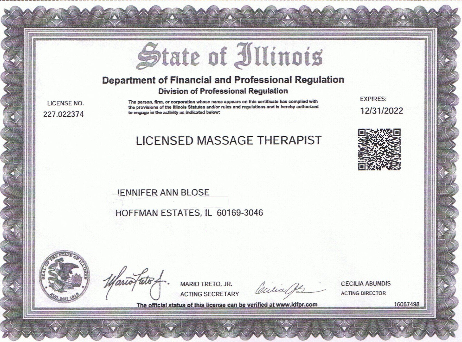 A licensed massage therapist certificate from the state of illinois