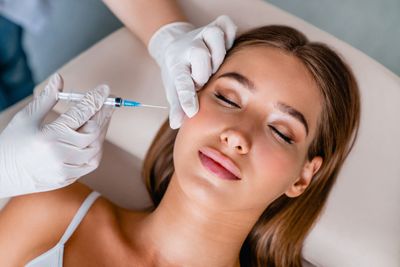 A woman is getting a botox injection in her forehead.