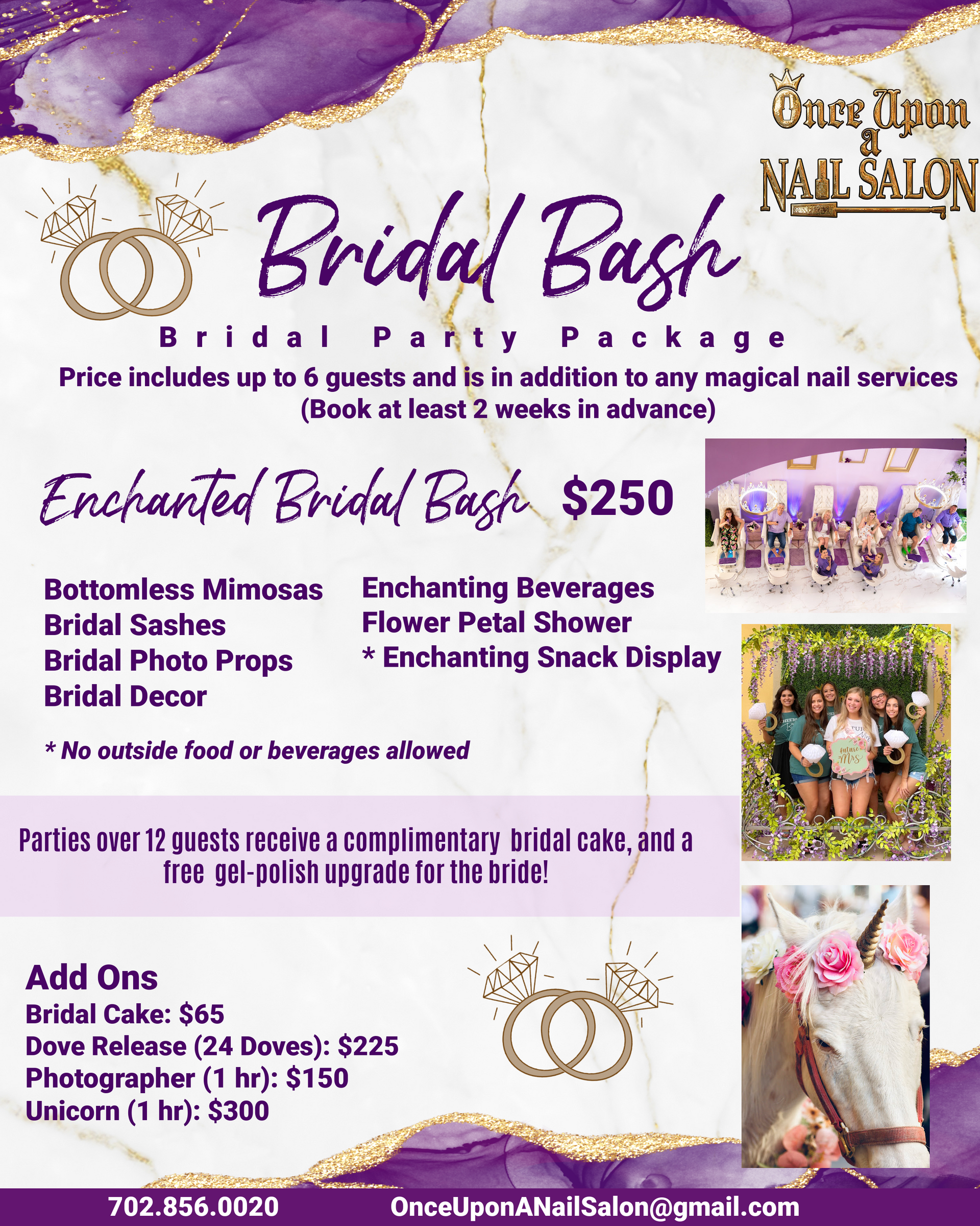 Flyer for a princess makeover party package, with prices and services.