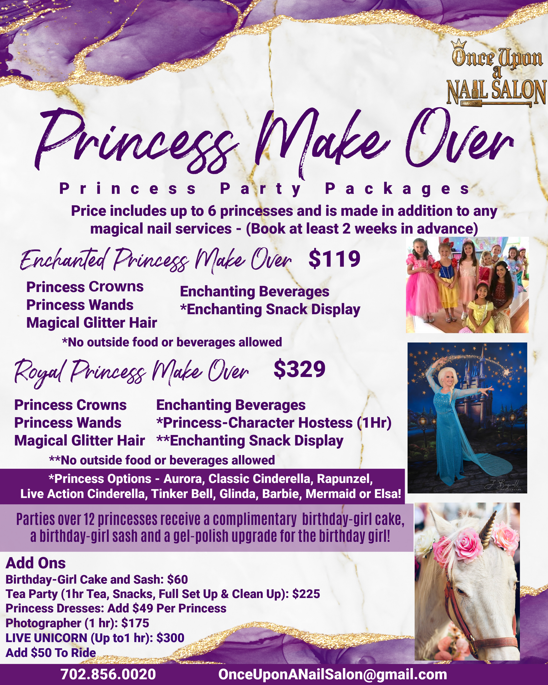 Flyer for a princess makeover party package, with prices and services.