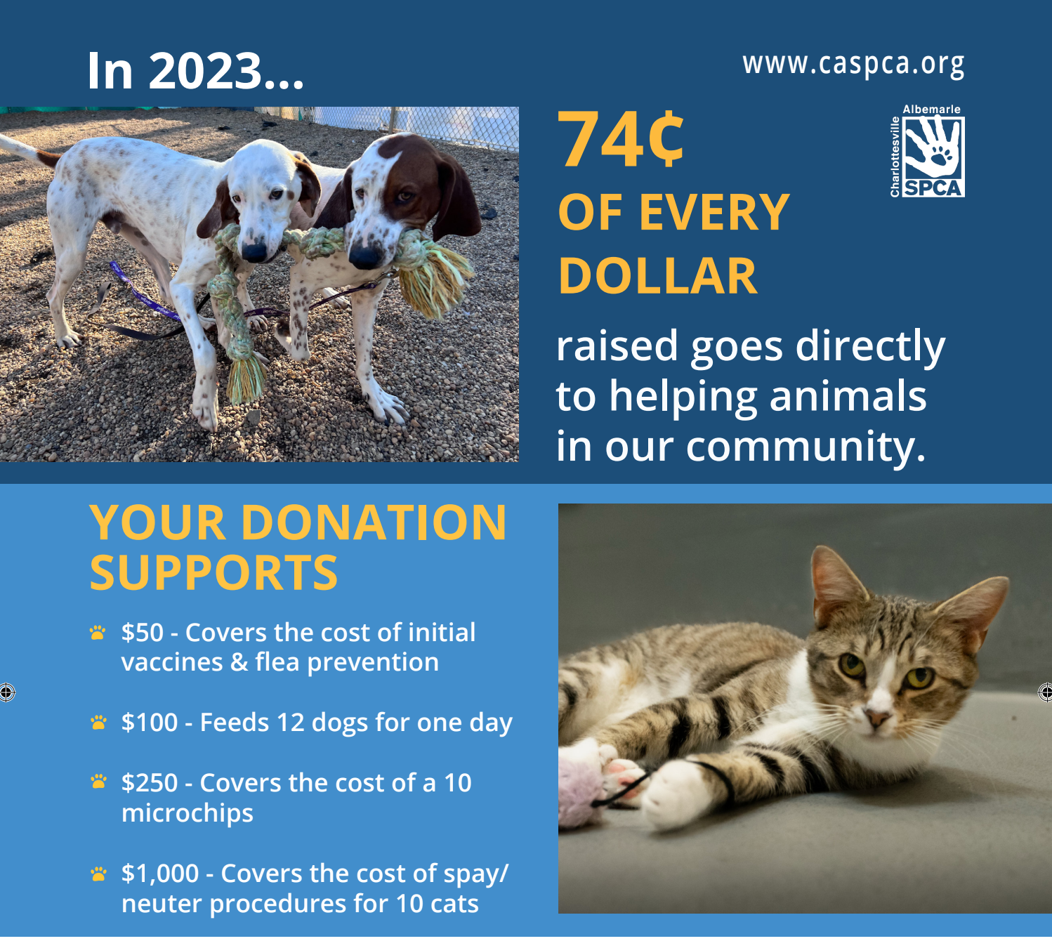 74 cents of every dollar raised goes directly to helping animals