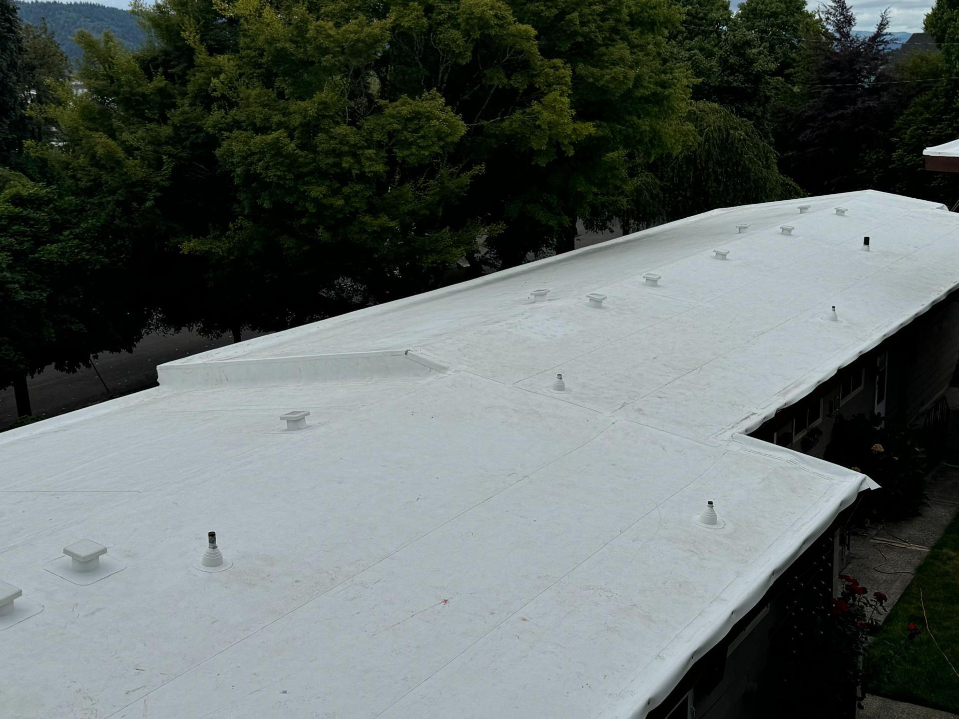 White roof of a building with multiple vents and trees in the background.