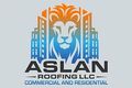 Logo of Aslan Roofing LLC featuring a lion's face with buildings, gradient blue/orange, text: Roofing LLC - Commercial and Residential.