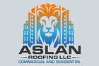 Logo of Aslan Roofing LLC featuring a lion's face with buildings, gradient blue/orange, text: Roofing LLC - Commercial and Residential.