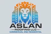 Logo of Aslan Roofing LLC featuring a lion's face with buildings, gradient blue/orange, text: Roofing LLC - Commercial and Residential.