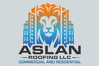 Logo of Aslan Roofing LLC featuring a lion's face with buildings, gradient blue/orange, text: Roofing LLC - Commercial and Residential.