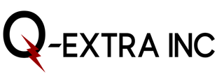 The logo for q-extra inc has a lightning bolt on it.