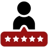 A person is standing next to a red speech bubble with five stars on it.