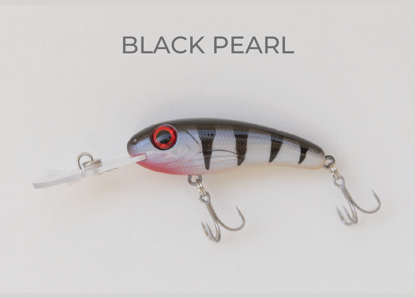 Black and white striped fishing lure, "Black Pearl," with red eyes and two treble hooks.