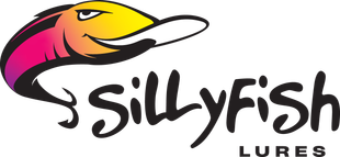 Logo of SillyFish Lures: cartoon fish with a yellow-orange head and pink tail; text