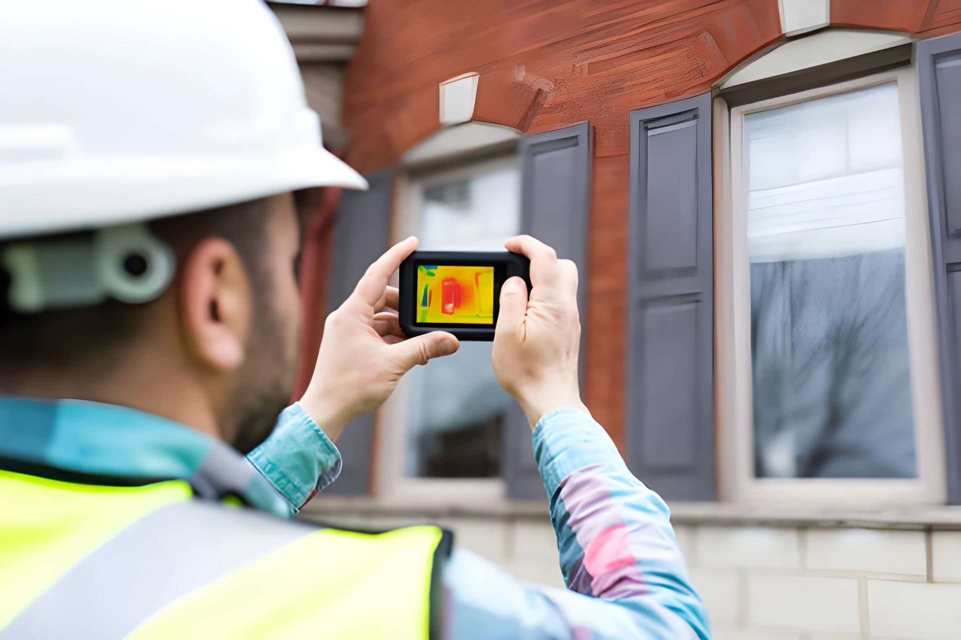 A person in a hard hat uses a thermal camera on a house, revealing heat patterns on the window.