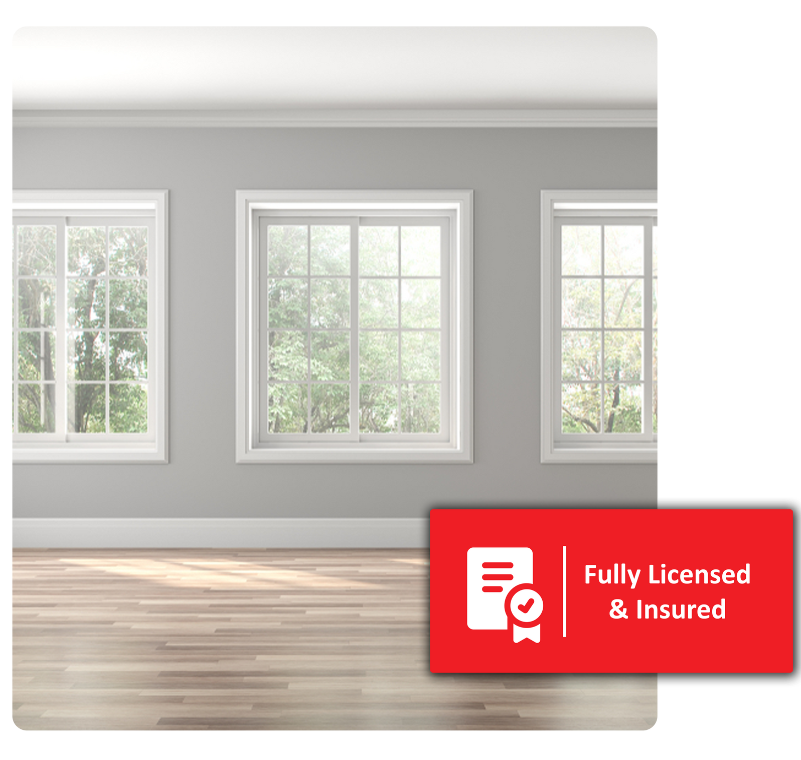 Interior with three white-framed windows, wood floor, gray walls; red badge: 