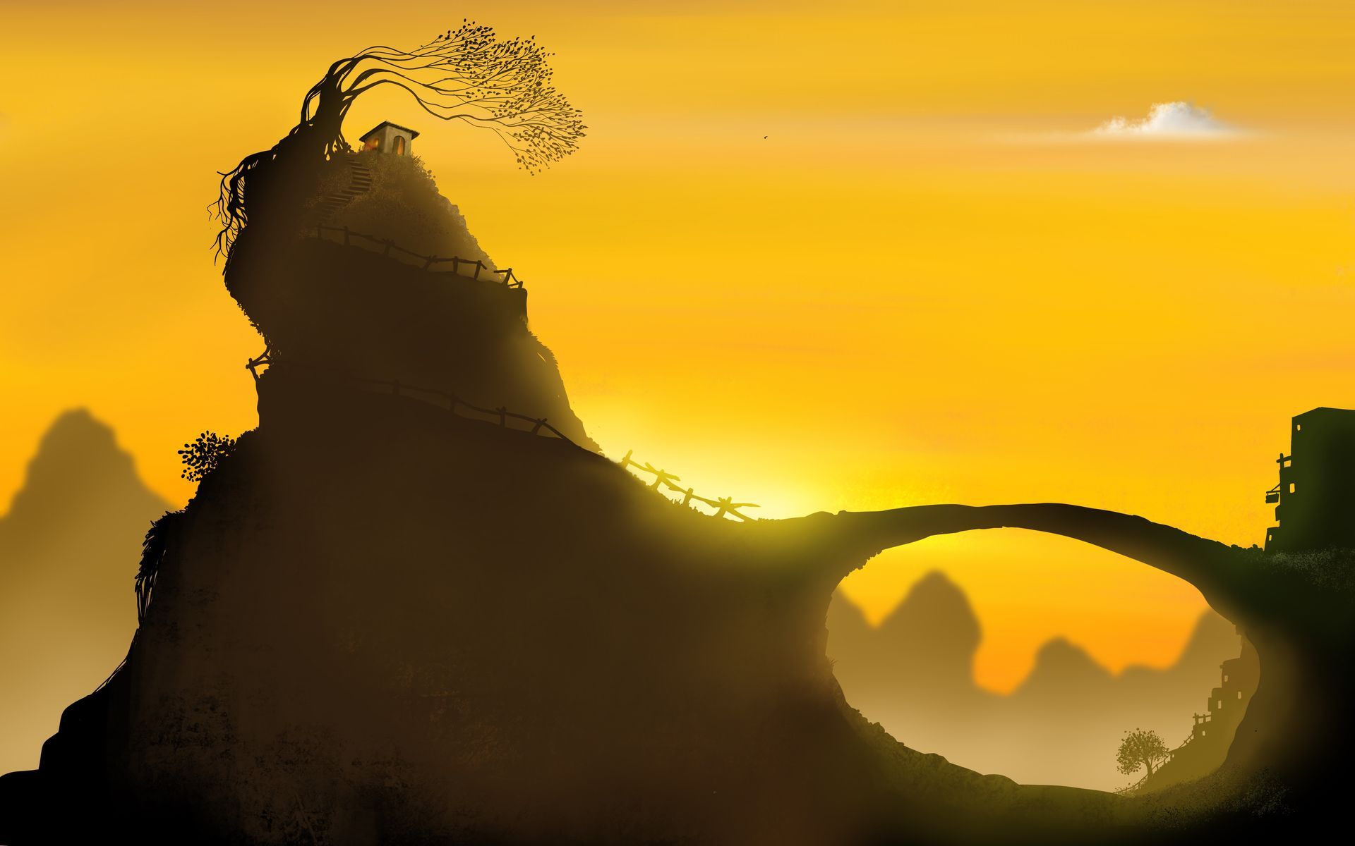 Zonsondergang boven een berglandschap met een stenen boogbrug. Oranje lucht, silhouet.