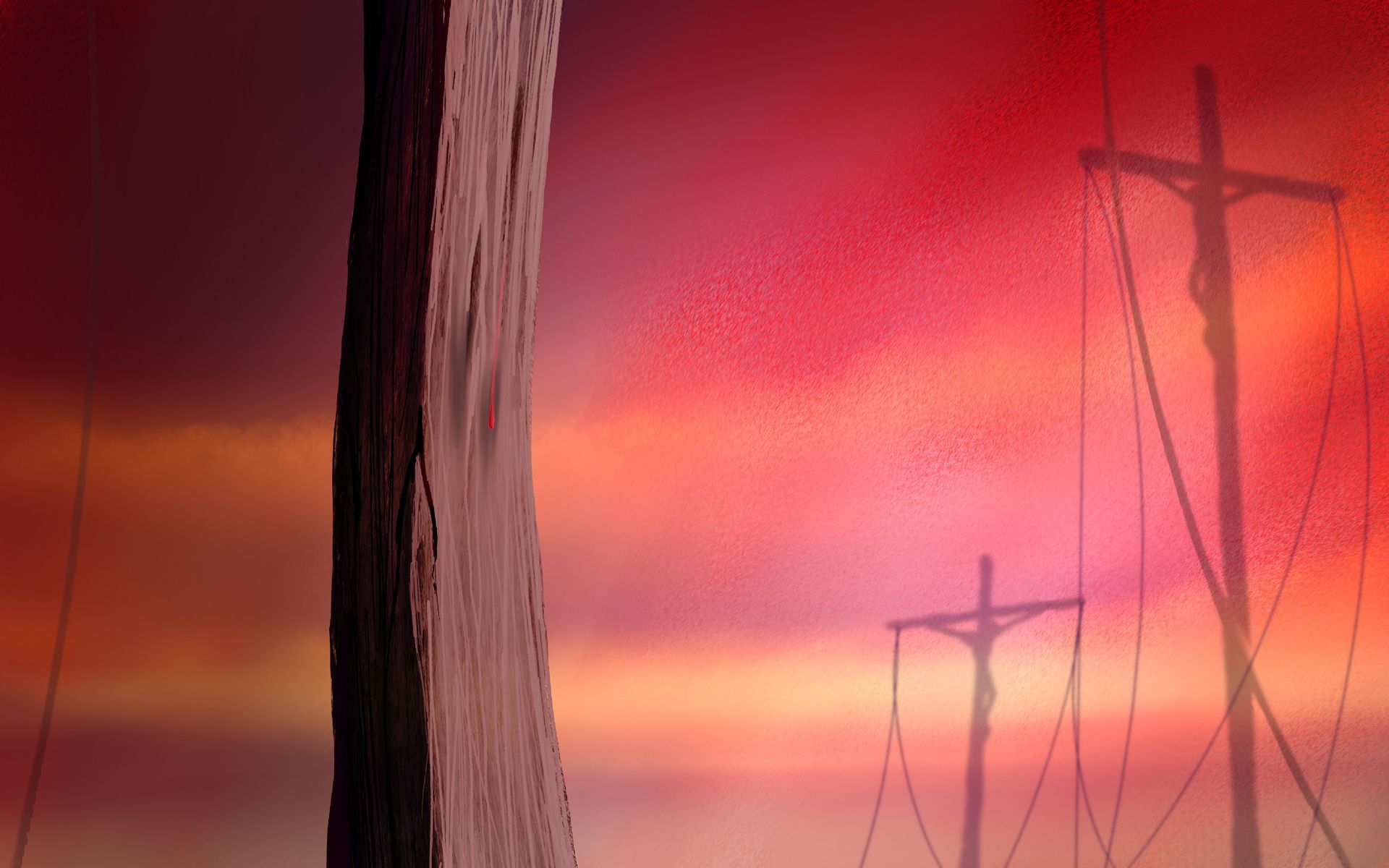 Rode lucht met silhouetten van kruisen.