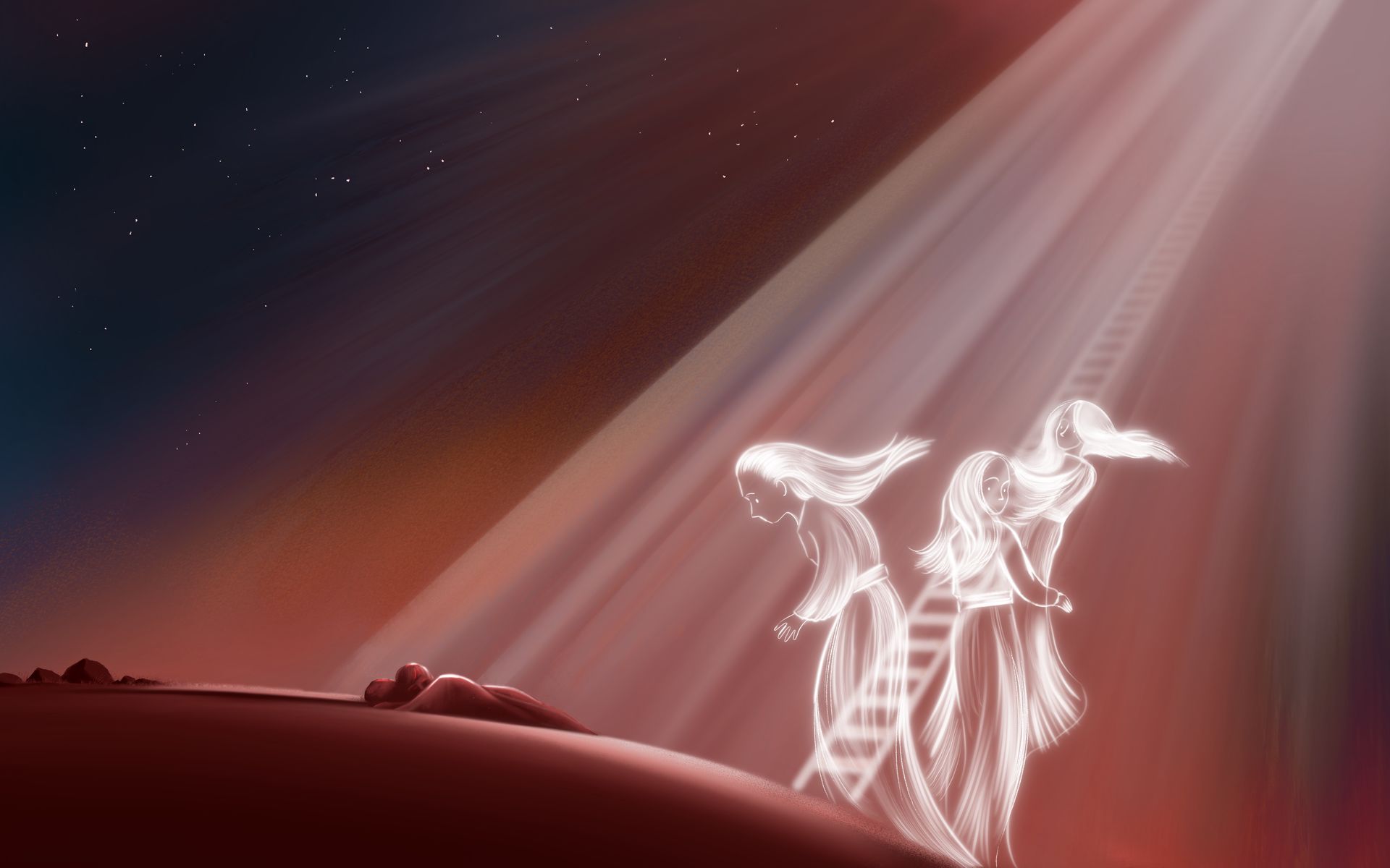 Twee etherische figuren laten een lichtstraal de nachtelijke hemel in stijgen; een rode horizon en zwakke sterren.