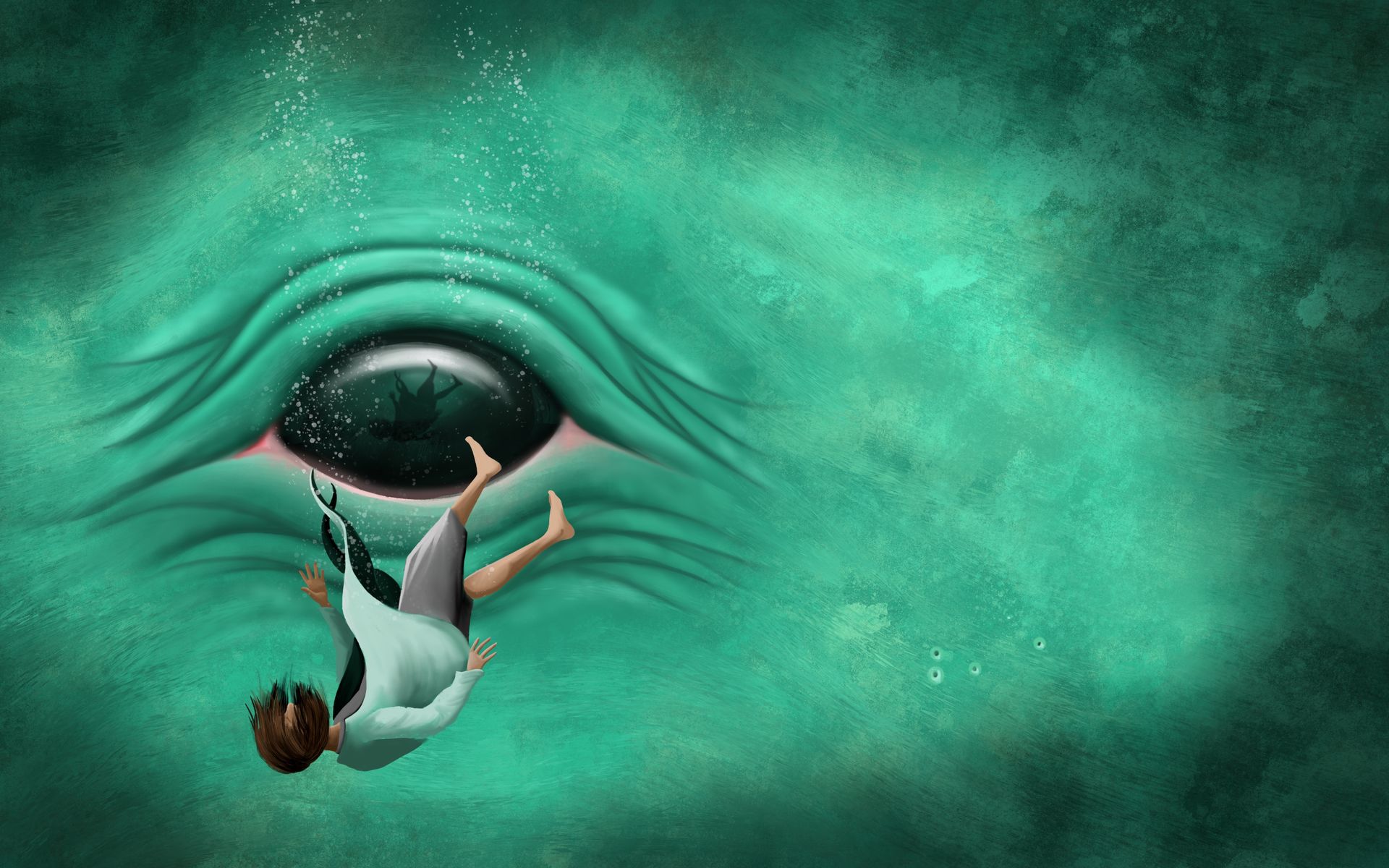 Persoon valt richting gigantisch oog in blauwgroen water.