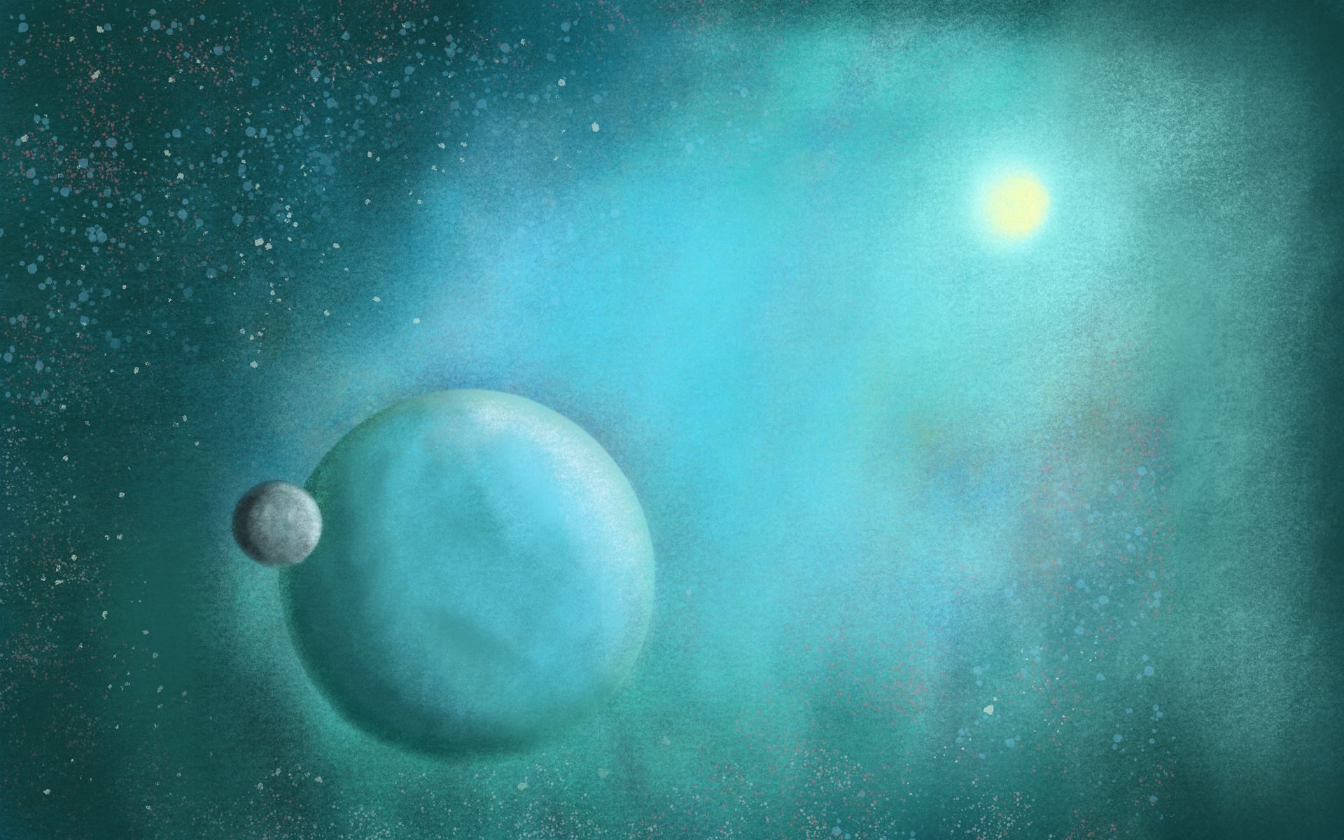 Blauwe planeet en maan in een blauwgroene nevel met een heldere gele ster en verspreide witte sterren.