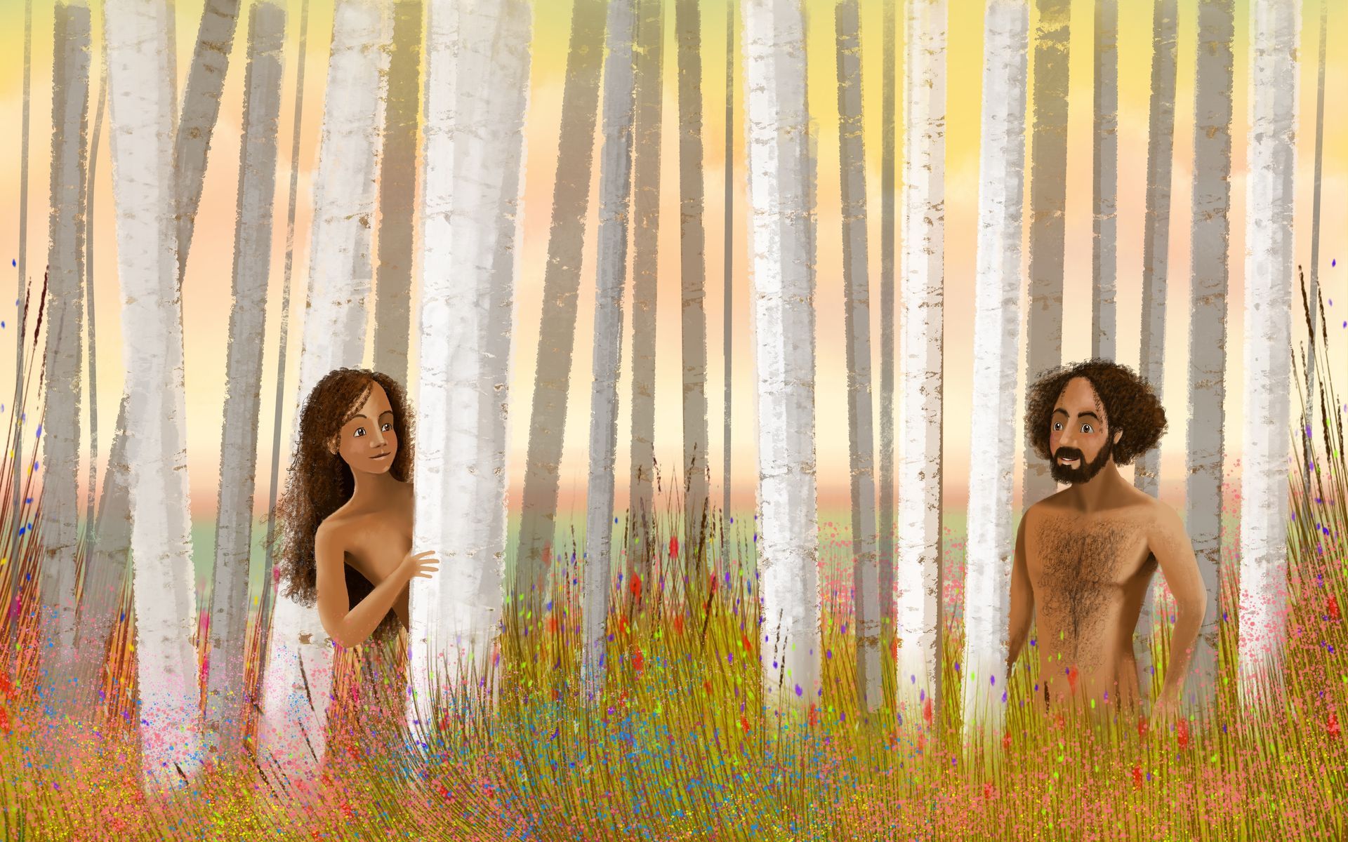 Adam en Eva, naakt, achter bomen in een kleurrijk bos, kijken elkaar aan.