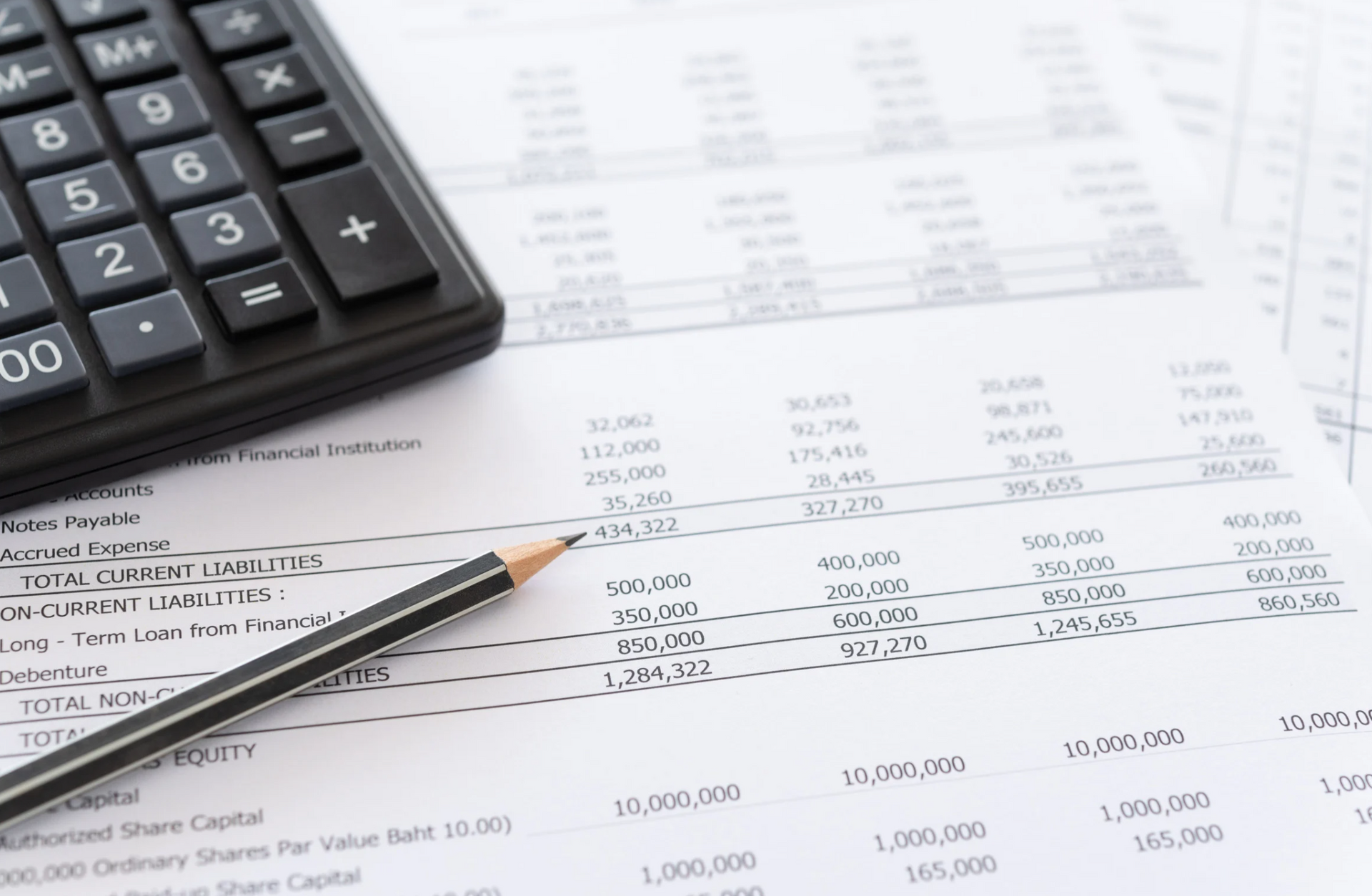 Calculator and pencil on financial documents with numbers.