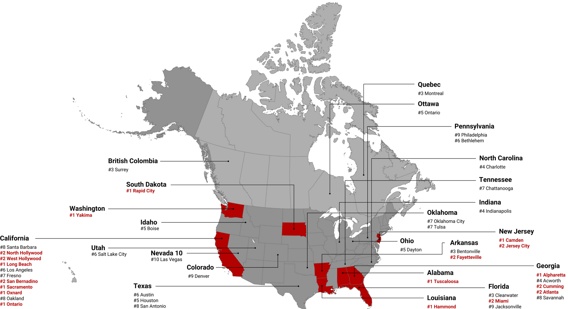 A map of the united states and canada