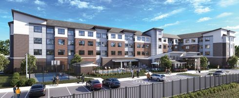 An artist 's impression of a large apartment building with cars parked in front of it.