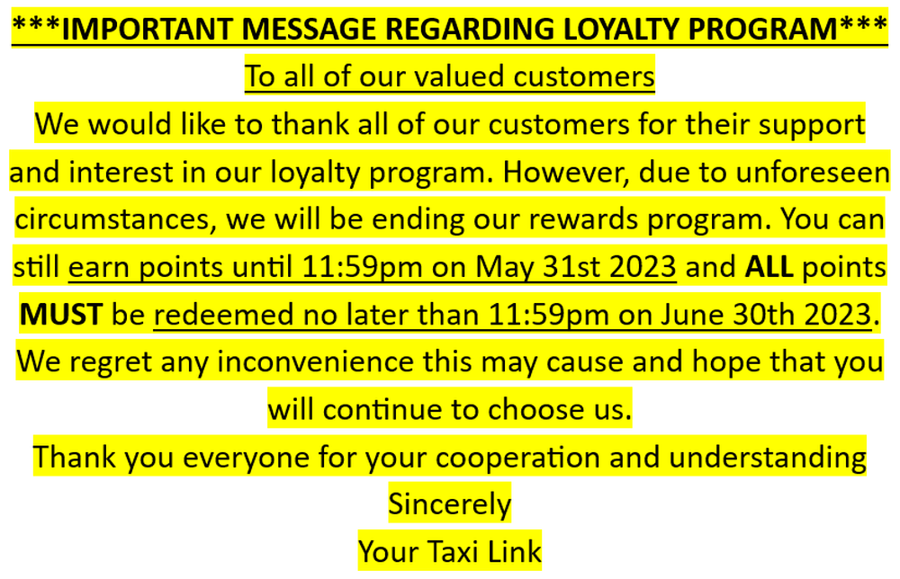 An important message regarding loyalty program to all of our valued customers