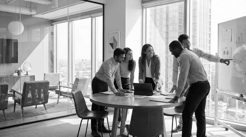 Team meeting around a table in a bright office conference room with glass walls