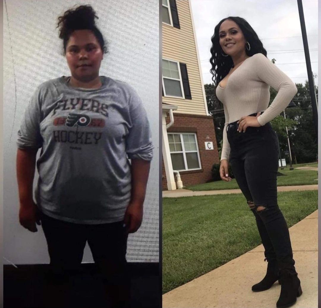 A before and after photo of a woman wearing a flyers hockey shirt