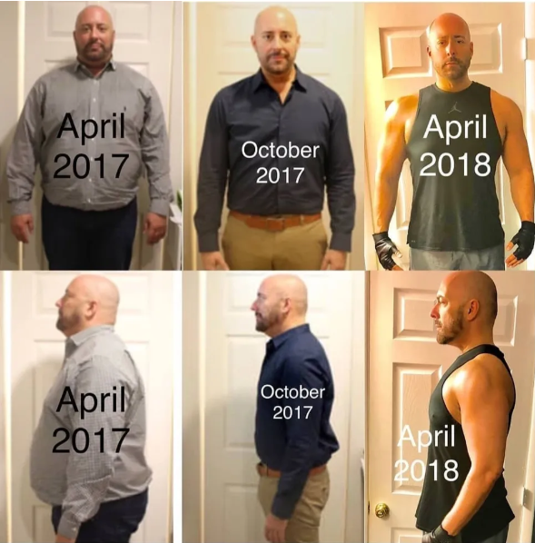 A collage of photos of a bald man from april 2017 to april 2018