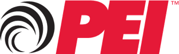 A red and black logo for pei with a black and white swirl.