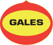 A yellow and red circle with the word gales on it