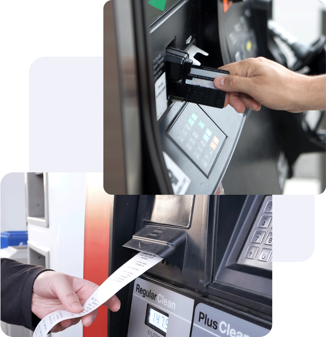 A person is inserting a credit card into a gas pump