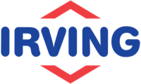 The logo for irving is blue and red with a red arrow.