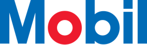 A blue and red logo for mobil on a white background