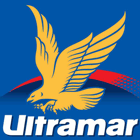 A yellow eagle is flying over the word ultramar on a blue background.