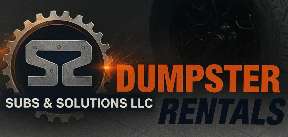 Logo for Subs & Solutions LLC: gear-shaped emblem with "SZ" inside, "DUMPSTER RENTALS" in orange.