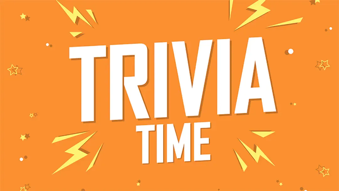 A logo for trivia time with lightning bolts and stars on an orange background.