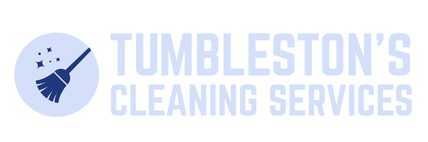 Logo for Tumbleston's Cleaning Services featuring a broom in a light blue circle, with text.