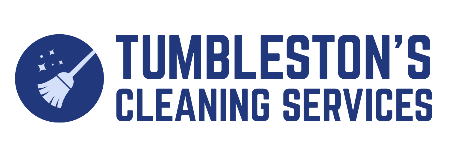 Logo for Tumbleston's Cleaning Services. Features a dark blue circle with a white broom icon and text.