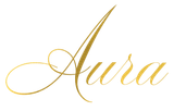 Gold script "Aura" against a white background.