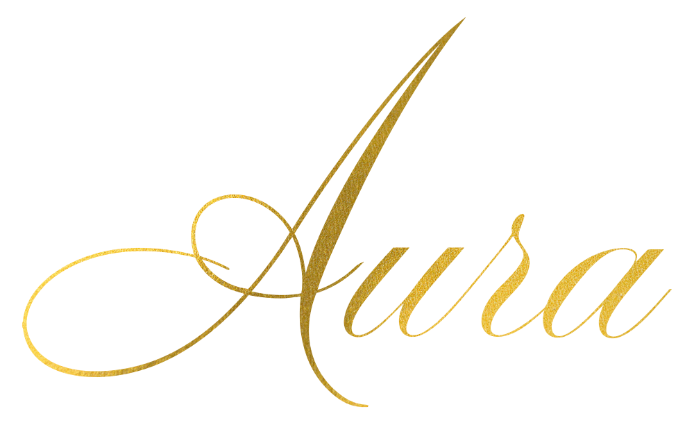 Gold script "Aura" against a white background.
