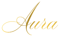 Gold script "Aura" against a white background.