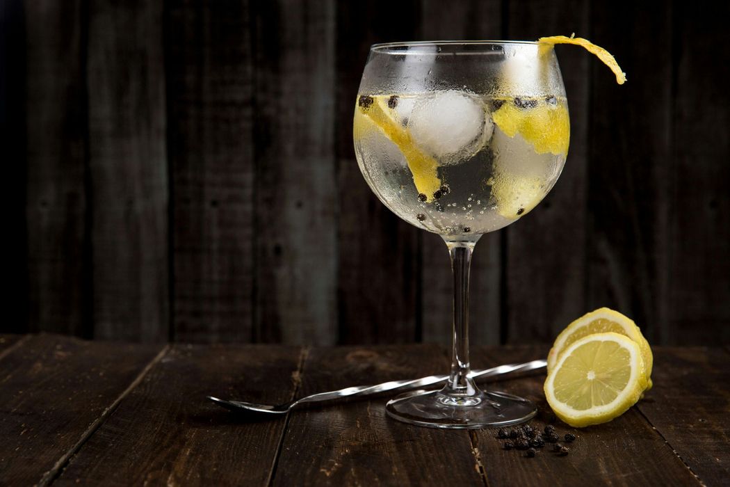 A glass of gin and tonic with ice and lemon slices on a wooden table.