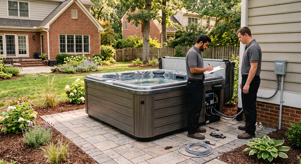 Hot tub installation crew positioning spa on backyard patio.
