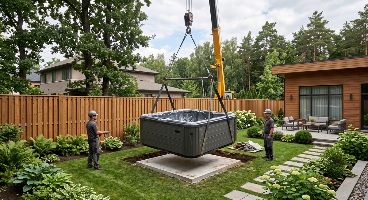 Crane positioning hot tub into fenced yard in Durham