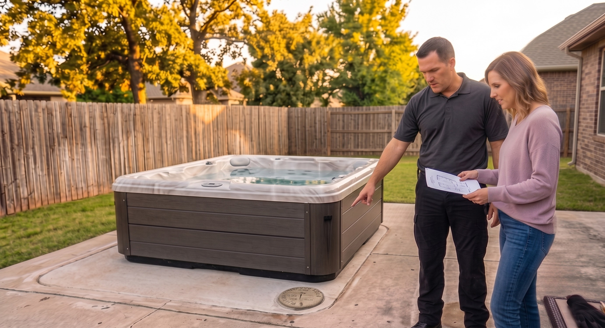Residential hot tub relocation using specialized lifting equipment